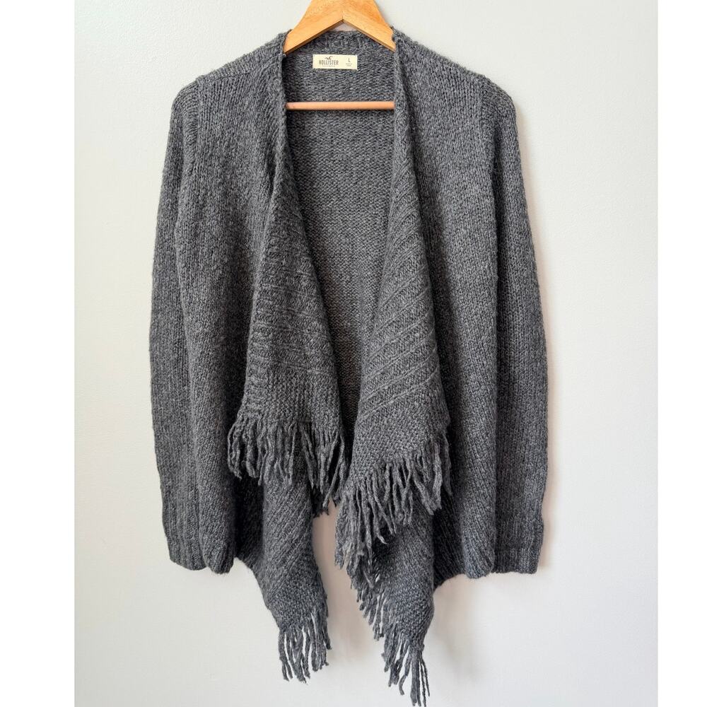 NWT Hollister Gray Open Front Fringe Blanket Cardigan Sweater Knit Boho L